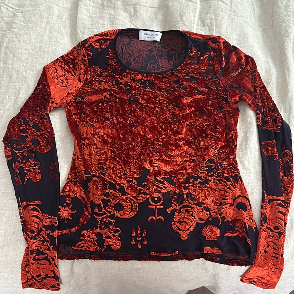 Marine Serre Gothic set. Navy Mesh and Orange velvet. From Ssense.